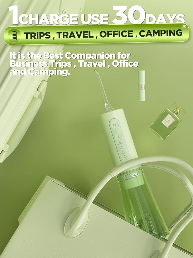 WELLFINE Water Dental Flosser Teeth Pick - 4 Modes Cordless Oral Irrigator 300ML Portable Rechargeable IPX7 Waterproof Powerful Battery Life Water Dental Piks for Cleaning for Home Travel (Green)