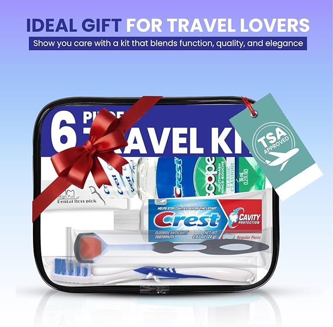 Trektote Travel Toothbrush and Toothpaste Set - Dental Care Kit, TSA Compliant, Includes Toothpaste, Toothbrush, Mouthwash, Tongue Cleaner, Flosses and Premium Toiletry Bag