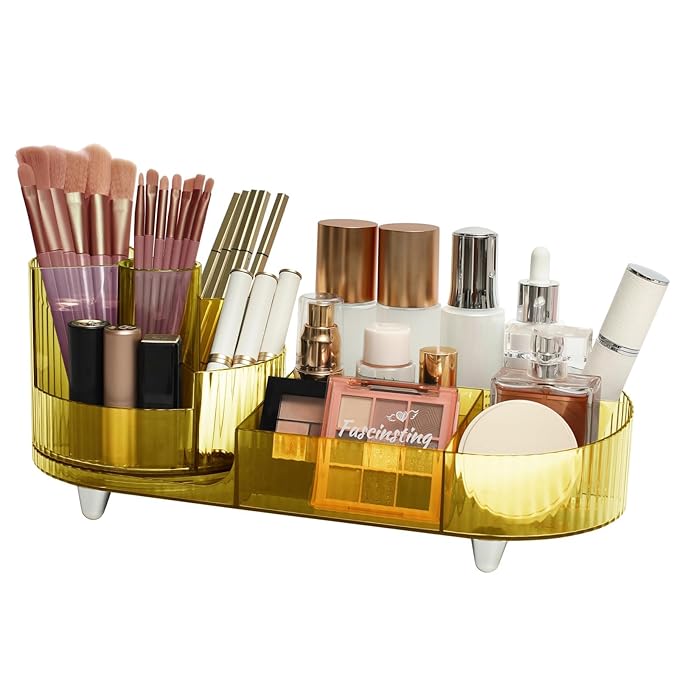 Makeup Organizer Countertop Rotating Makeup Organizer for Vanity Large Capacity Cosmetic Display Case with Makeup Brush Holder Cosmetic Organizer Countertop(Amber