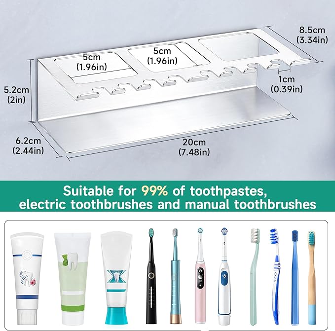 Electric Toothbrush Head Holders, Electric Toothbrush Holders Wall Mounted, Shower Electric Head Holder, Toothbrush and Toothpaste Holder, Tooth Brushing Holder for Bathroom (Silver, Large)