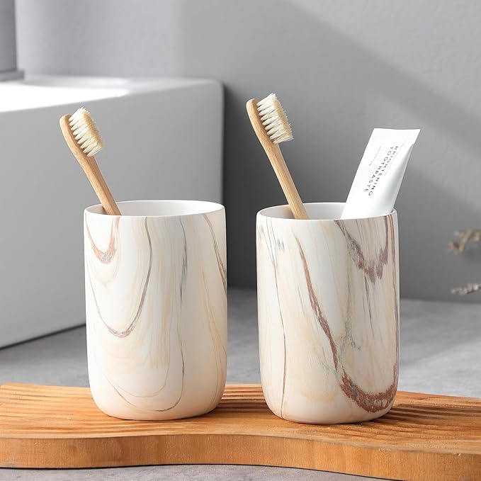 Brown Marble Toothbrush Holder - Ceramic Toothbrush Holder for Bathrooms, Toothbrush Toothpaste Holders, Marble Bathroom Tumbler Cups Reusable Toothbrush Mouthwash Cup, Bathroom Counter Organizer