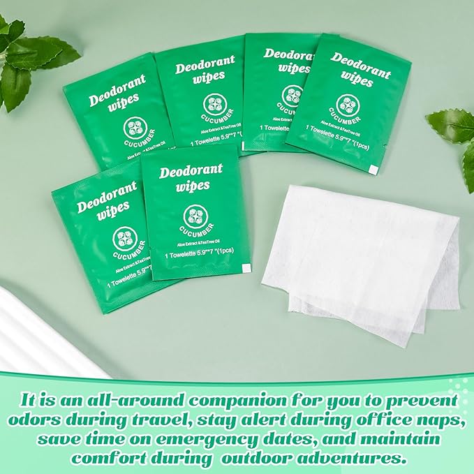 Travel Deodorant Wipes Individually Wrapped,Body Wipes to Clean Skin for Women Men(Cucumber,pack of 50)