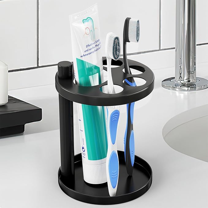 Toothbrush Holder Stand for Bathroom, Metal Stainless Steel Ventilated Organizer with Slots for Toothpaste, Electric Toothpaste,Bathroom Countertop Organizer,Footprint Base Design Black