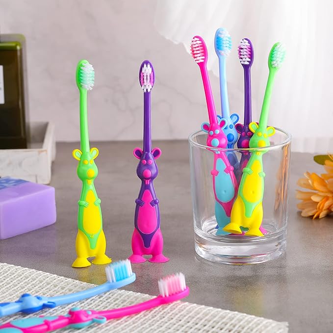 Gerrii Kids Toothbrushes Bulk Soft Lovely Little Kangaroo with Covers Suction Cup Individually Wrapped for Children Toddler Home School Camp Daycare Travel (150 Pcs)