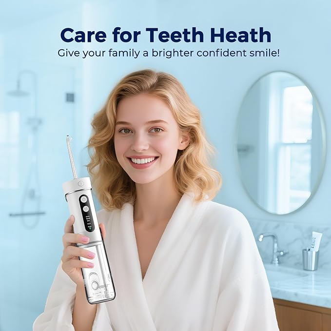 Portable Water Flosser for Teeth Travel – FOMIS Mini Water Flosser with 5 Mode, 5 Nozzles, 180ML Collapsible Tank, Smart Timer, IPX7 Waterproof Cordless Oral Irrigator for Brace & Sensitive (White)