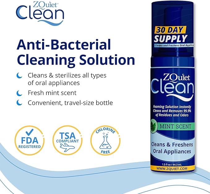 ZQuiet, Anti-Snoring Mouthpiece (Blue) + Cleaner (1.5oz Bottle), Starter Pack with 2 Sizes, Made in USA, BPA-Free, Medical-Grade Material