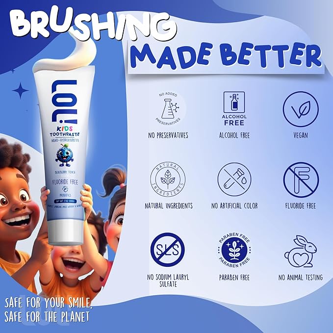 LOL Kids Toothpaste No Fluoride, Nano Hydroxyapatite Toothpaste, Probiotics, Xylitol Tooth Paste Kids | Remineralizing | Natural | Plant-Based Foam | Pasta De Dientes para Niños (Blueberry 3.5oz)