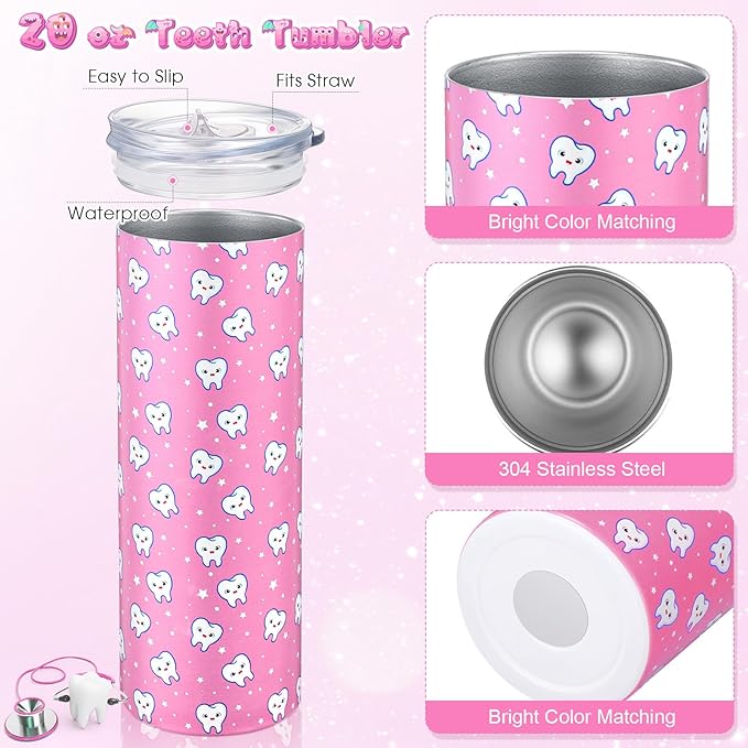 Umigy 2 Pcs Dental Assistant Gifts Teeth Dentist 20 oz Stainless Steel Tumblers Hygiene Student Coffee Mugs with Straws and Lids for Hygienist Dental Students Graduation Birthday Gift
