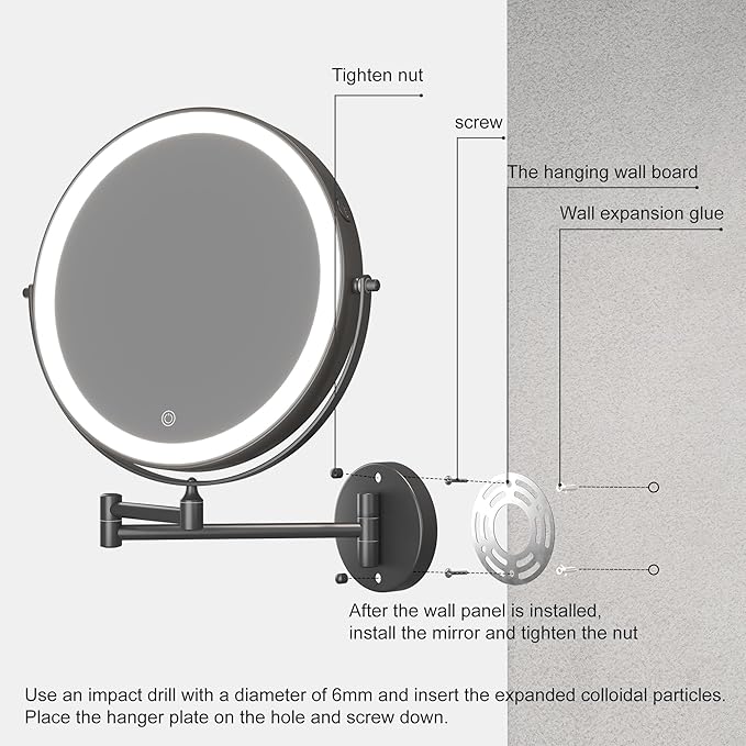 Hasipu 10-Inch Wall Mounted Makeup Mirror with Magnification, Rechargeable 3000 mAh Vanity Mirror with Lights, Bathroom Mirror with Dimmable Brightness, 3 Lighting Modes, Extendable Arm, Black