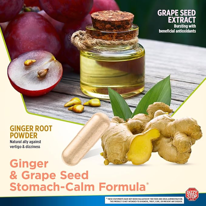 Vertigo Relief Product & Non‑Drowsy Motion Sickness Pills: Nausea and Dizziness, Ginger & Grape Seed Formula, Inner Ear Balance, Car, Cruise & Travel Essential, Stomach Support, Sea Sickness, 80‑Count