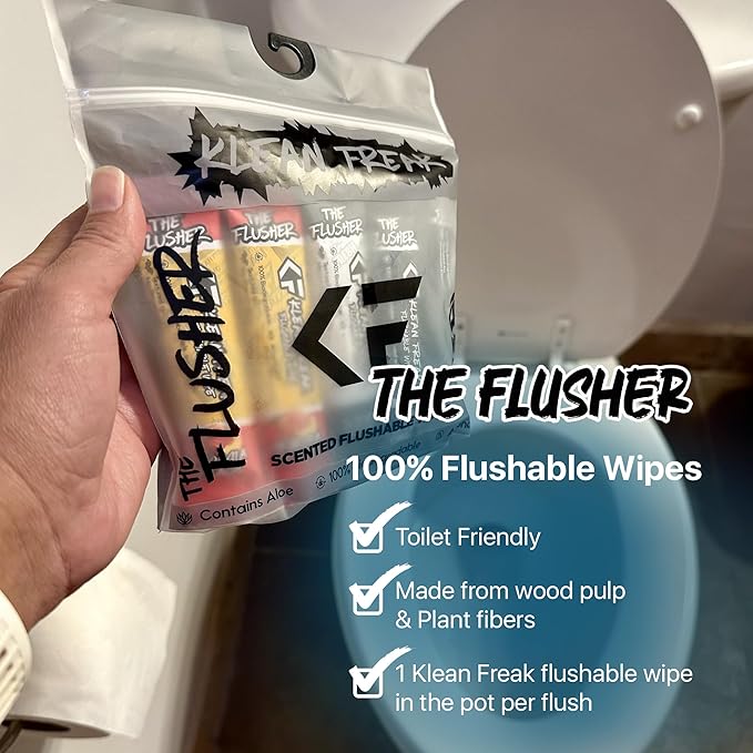 THE KLEAN FREAK FLUSHER - 100 Pack Wipes For Adults & Kids Unscented/Scented - 100% BIODEGRADABLE Individual Wrapped Travel WET Wipe for Toilet - Kascade Pine