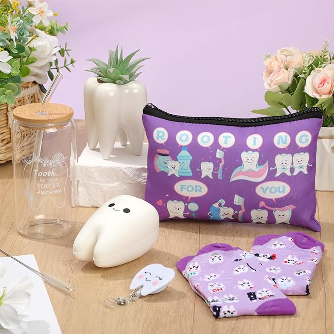 Pickmesh 6 Pcs Dental Gifts Nurse Assistant Hygienist Gifts 16 oz Glass Cups with Lid Makeup Bag Smiling Tooth Shape Felt Badge Holder Ceramic Pen Toothbrush Pot for Women Coworkers(Purple)