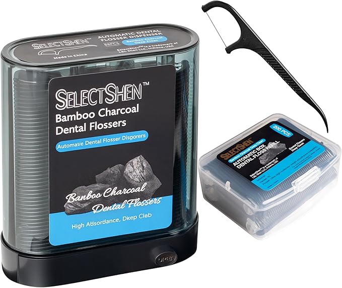 Dental Floss Picks, 288 Count (88 Flosser Dispenser + 200 Refills) – Bamboo Charcoal Floss, Refillable,Easy Travel Oral Care by SelectShen™