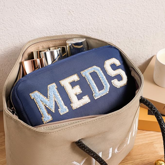 Personalized Chenille Letter Patch MEDS Bag,Cute Nylon Drug Medicine Travel Makeup Bag with Zipper, Preppy Vitamin Organizer Bag for Women and Girls (05Light Blue)