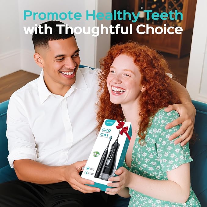 COSLUS Portable Water Flosser with Electric Toothbrush Combo: 2-in-1 Oral Clean Kit for Teeth, Braces, Gums Care - Brushing & Flossing for Adults, Family, Travel Use, BPA-Free, Black, C20 & C41