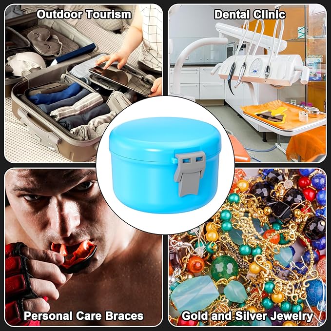 Denture Bath Case, Leak Proof Denture Cup for Travel, False Teeth Container for Soaking Dentures & Retainer, Retainer Cleaner Case, Sky Blue + Silver Gray.