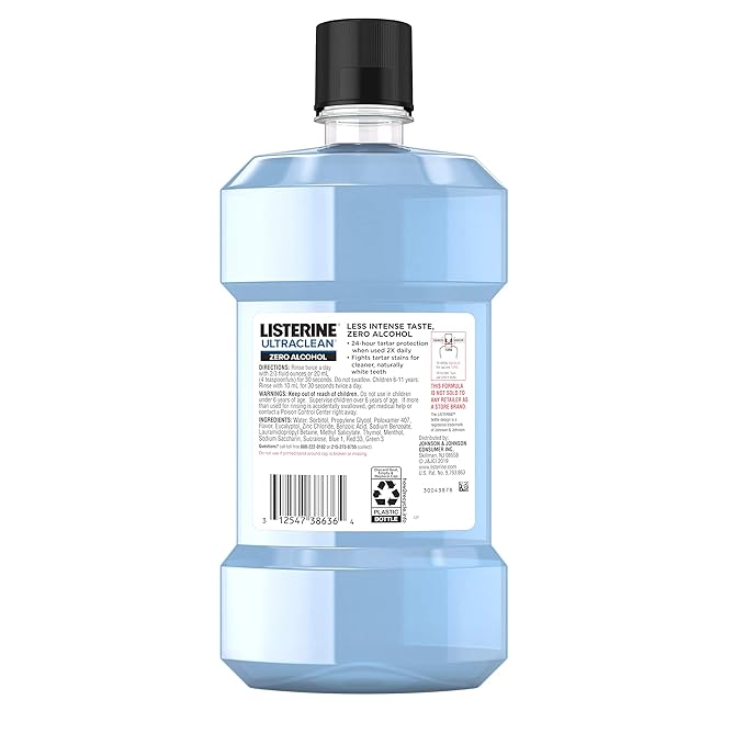 Listerine Ultraclean Alcohol Free Tartar Control Mouthwash, Oral Rinse to Help Fight Bad Breath and Tartar, for Cleaner, Naturally White Teeth, Less Intense Arctic Mint Taste, 1 L (Pack of 2)