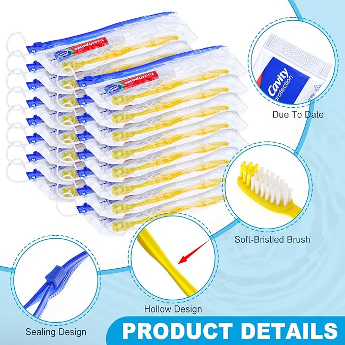 50 pcs Disposable Toothbrushes with Toothpaste and Floss Set,Yellow Individually Wrapped Bulk Single Use Toothbrush Floss Cover Travel Toothbrushes Kit with Zip Bag for Homeless,Hotel,Guest