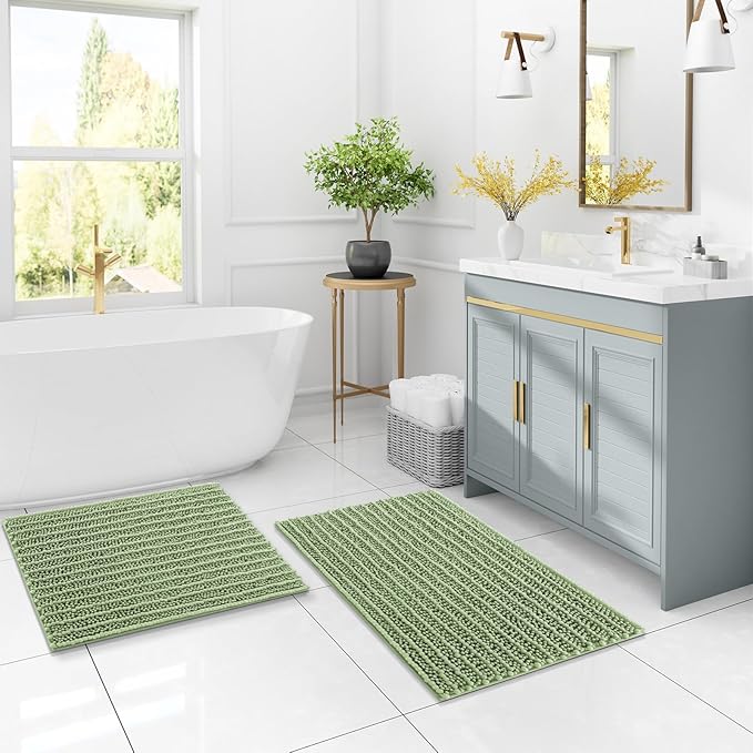 Arotive Luxury Chenille Bathroom Rug Mat, Extra Soft Thick Absorbent Shaggy Bath Rugs, Non-Slip Machine Wash Dry, Plush Bath Mats for Bathroom, Shower and Tub, 40x24, Sage Green