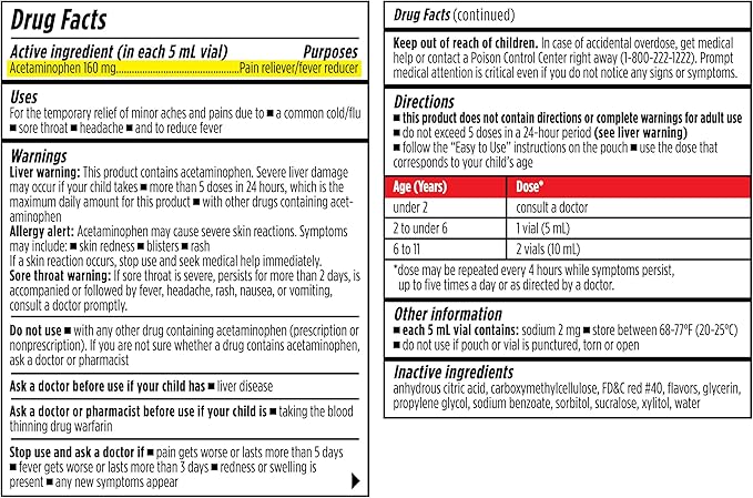 Dr. Kids Children’s Pain and Fever Medicine - Acetaminophen for Kids Ages 2-11, Pre-Measured Single-Use Vials for Headache, Sore Throat, Cold and Flu, Cherry Flavor, 30 Count (Pack of 1)