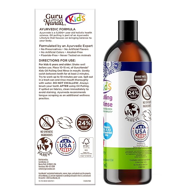 GuruNanda Kids Oil Pulling, Alcohol-Free Mouthwash, Essential Oils & Vitamins for Fresh Breath & Happy Gums for Ages 6 & up, Natural Bubble Berry, 8 Oz