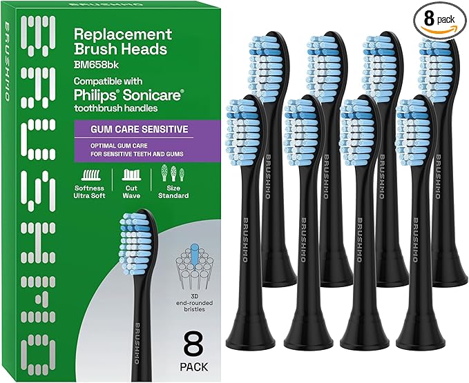 Brushmo Sensitive Replacement Toothbrush Heads Compatible with Phillips Sonicare (Sensitive, Black)
