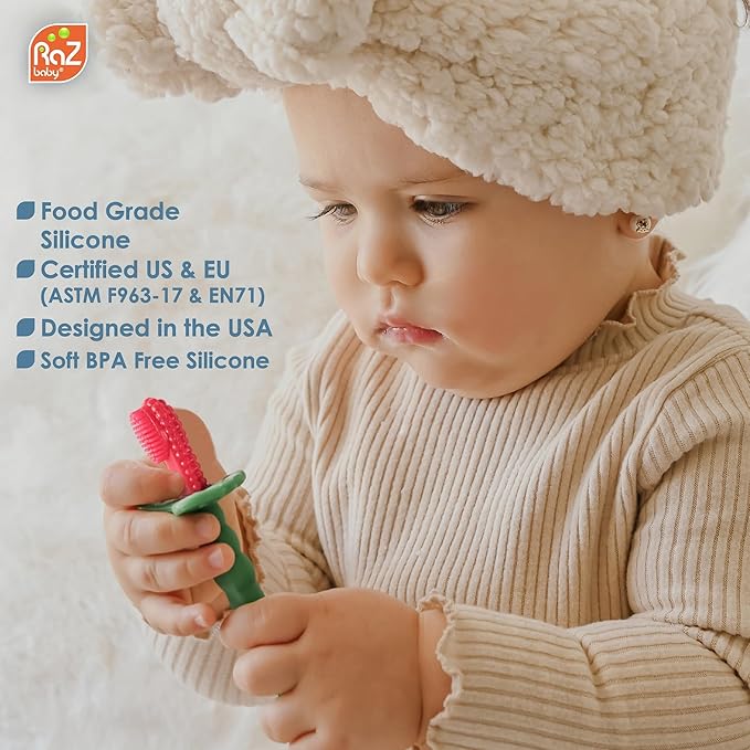 RaZbaby RaZBerry Baby Toothbrush – Multi-Textured Silicone for Gentle Cleaning & Teething Relief – Perfect for Early Oral Care & Self-Brushing – BPA-Free, Easy to Hold, Dishwasher & Sterilizer Safe