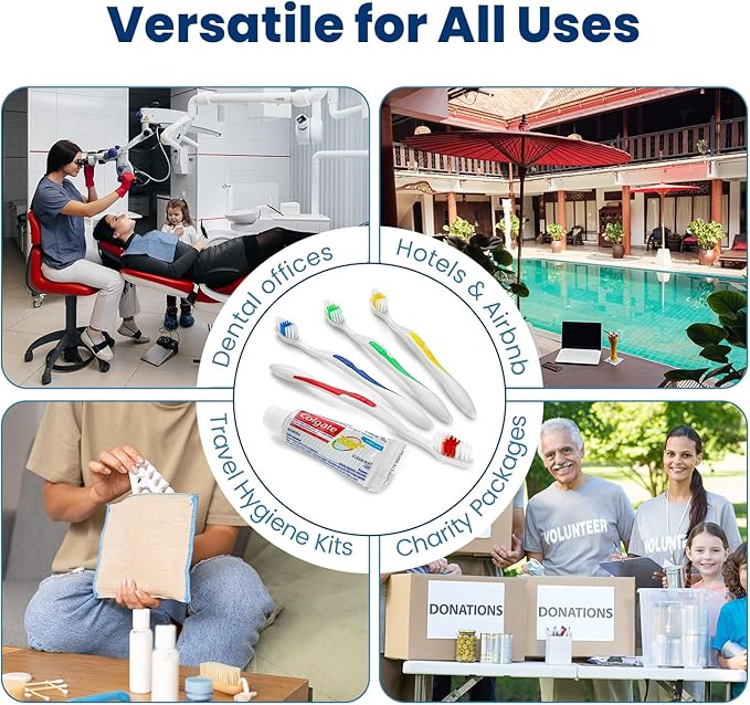 100 Toothbrushes Bulk Wholesale Quantity Standard Size, Dental Care Toiletries, Medium Soft Bristles, Individually Wrapped, Homeless Care, Disposable Use, Hotels, Travel