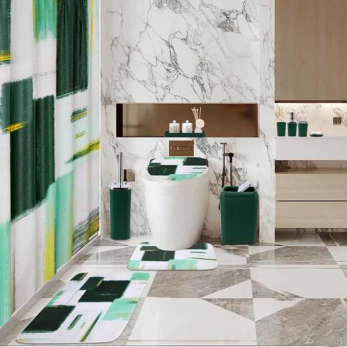 Bathroom Set - Dark Green Bathroom Accessories Set, Bathroom Sets with Shower Curtain and Rugs, Green Shower Curtain Set with Bathroom Trash Can, Soap Dispenser, Soap Dish for Home Decor