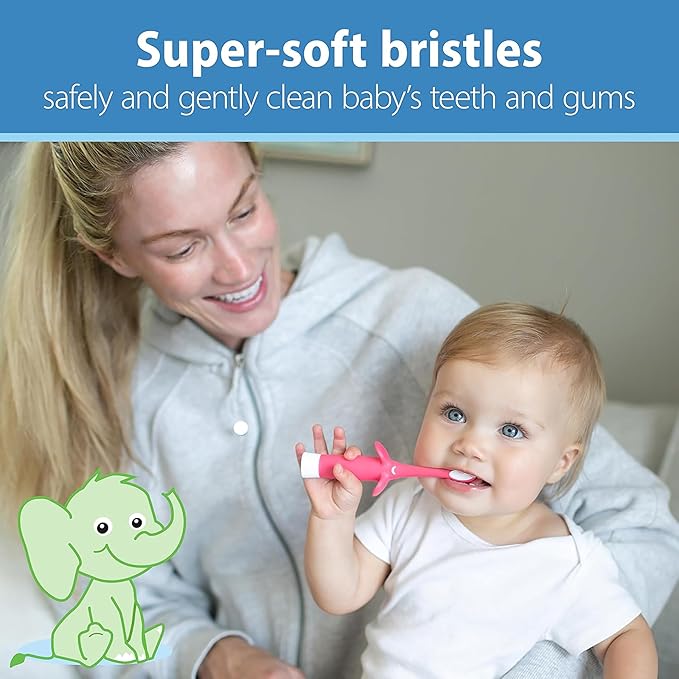 Dr. Brown's Infant-to-Toddler Training Toothbrush, Soft for Baby's First Teeth, Pink Elephant, 0-3 Years & Tooth and Gum Wipes, 30 Count