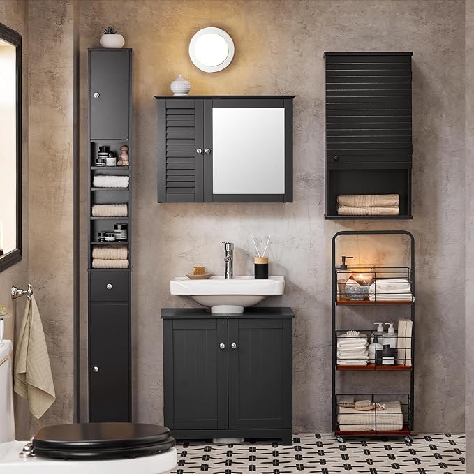 SoBuy Narrow Bathroom Storage Cabinet, Tall Slim Bathroom Organizers and Storage for Small Spaces, Freestanding Skinny Cabinet with Doors and Shelves for Tight Corners, Black BZR34-SCH
