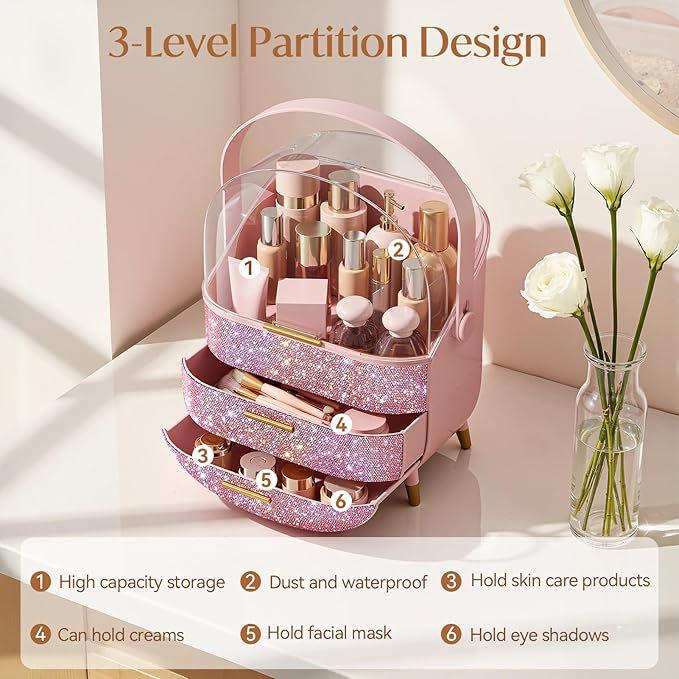 Bling Makeup Organizers for Teen Girl Gifts, Cosmetic Display Case with Clear Cover, Vanity Makeup Organizers for Lipstick Perfume Lotion and Skincare, Pink Diamond