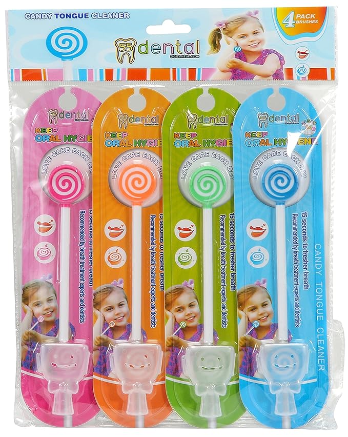 Kids Tongue Scraper or Cleaner Set – Pack of 4 BPA-Free Plastic Dental Scrapers Helps Freshen Bad Breath, Remove Gunk – Multicolored with Easy-to-Grasp Handles and Brush Covers by 55Dental, Ages 2+