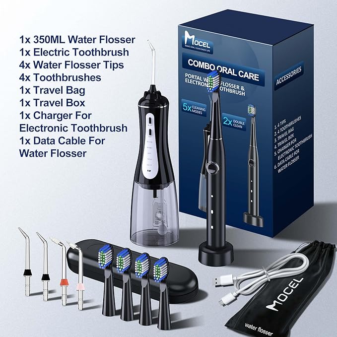 Water Dental Flosser and Electric Toothbrush Combo - Portable Oral Clean Kit for Teeth Cleaning, Braces & Gums Care