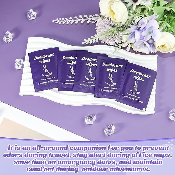 Travel Deodorant Wipes Individually Wrapped,Body Wipes to Clean Skin for Women Men(Lavender,pack of 100)