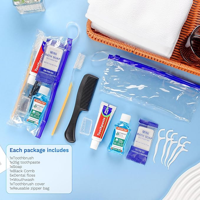 Xuezoioy Personal Hygiene Kit Bulk Pack of 100,Yellow Basic Travel Toiletry Set Disposable Toothbrushes with Toothpaste Mouthwash Floss Comb Cover and Zip Bag for Homeless,Charity,Guests