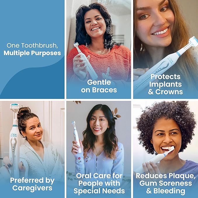 Triple Bristle Kids Sonic Toothbrush | 1 Pack | 3 Sided Toothbrush to Clean Teeth and Gums | Dentist Created & Approved | Fun Sticker Rewards | Rechargeable Three Sided Toothbrush for Kids