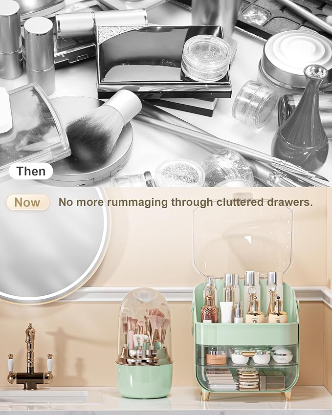 Makeup Brush Holder for Vanity - 360 Rotating Makeup Brush Organizer (Thicken Upgraded), Toothbrush Holder with Cover, Cosmetic Organizer (Green)