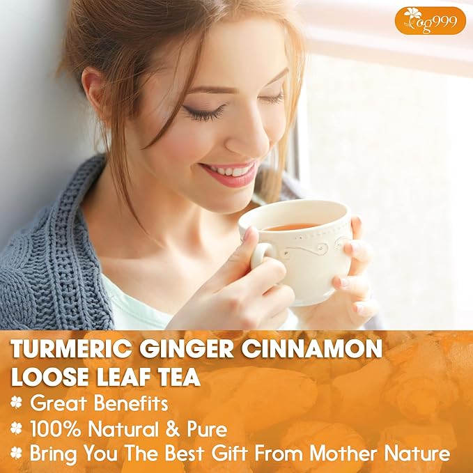 TOG999, Premium 20oz/330 cups Ginger Turmeric Cinnamon Loose Leaf Herbal Tea. Improve Digestion, Support Brain, Weight, Skin and Sleep. Premium Quality Spiced Blend. No Sugar, No Caffeine, No Gluten, Vegan.