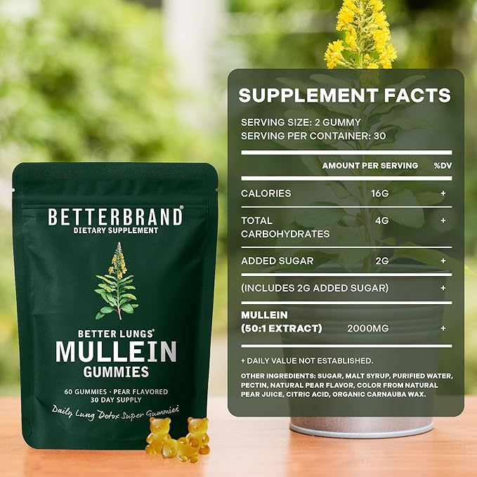Betterbrand Mullein Chewable Gummies for Lung Cleanse and Detox, Respiratory Health Supplement, 1000mg Mullein Extract per Serving, 60 Gummies - 30 Day Supply - Pear Flavored