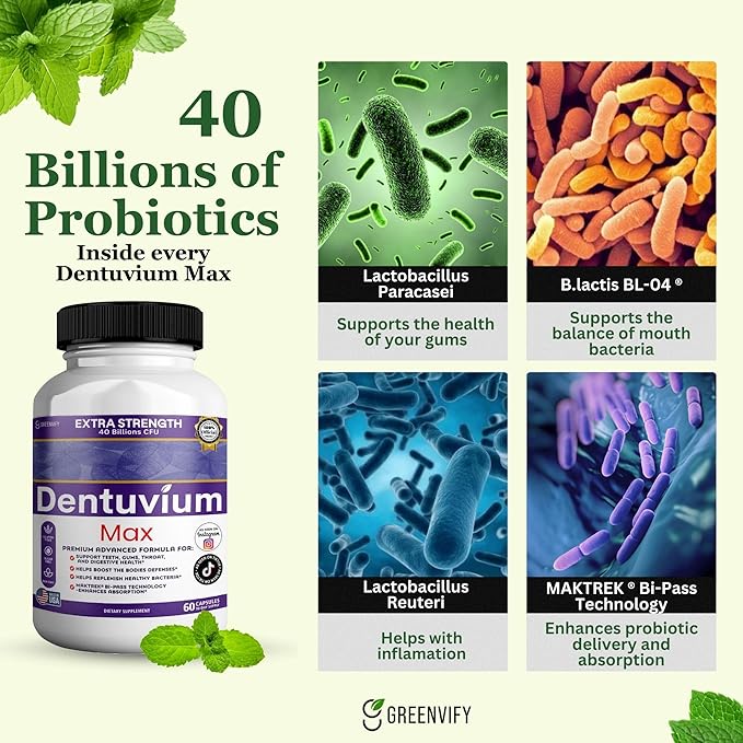 Dentuvium Max Probiotic Supplement - 40 Billion CFU - Supports Teeth Gums Throat Digestive Health - Gluten Free Sugar Free Non-GMO - 60 Capsules (2)