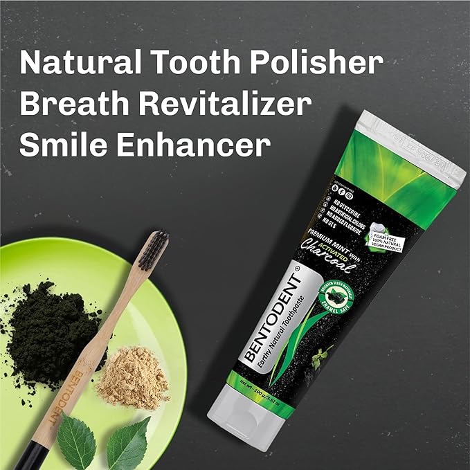 BENTODENT Teeth Whitening Bentonite Clay & Charcoal Toothpaste - Natural Teeth Whitening Charcoal toothpaste, No SLS & Fluoride free Charcoal toothpaste, Vegan (Activated Charcoal Mint Combo)