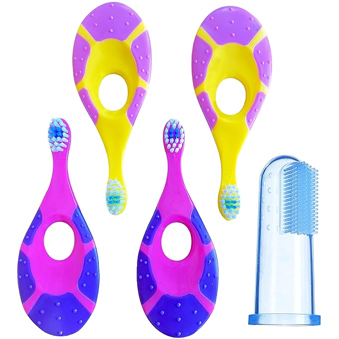 Baby Toothbrush 12 months and up - Toddler Toothbrush - Soft Bristles - Child Sized Brush Heads - Infant toothbrush - Kids Tooth Brush - Easy Storage - Girl Set (4-Pack, Pink & Purple - Color)