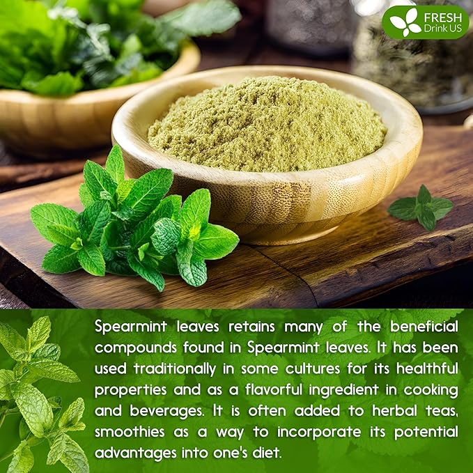 FreshDrinkUS, Premium Spearmint Leaf Powder 8oz β Pure Natural Mint Powder for Tea, Smoothies, Cooking, and Baking β Resealable Pouch