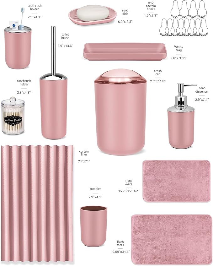 IMAVO Pink Bathroom Accessories,Non Slip Super Absorbent Rugs and Waterproof Shower Curtain with Hooks,Complete Bathroom Set for Bathroom Décor