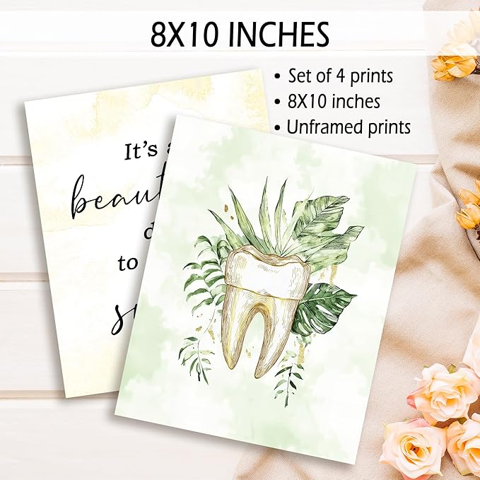 KSDUT Dental Wall Decor Art Set of 4 - Dentist Clinic Artwork Poster Prints Green Leaf Wall Decor Botanical Dentistry Picture Wall Art for Office Home Hospital Decorations - 8"x10" Unframed