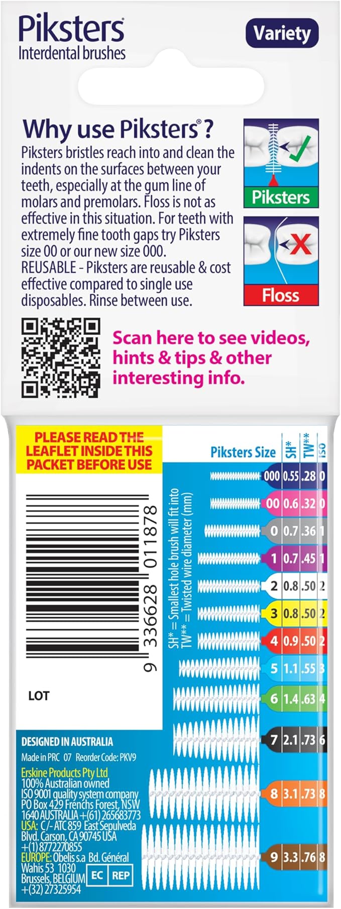 Piksters Interdental Brushes, Variety Pack Size 000-6. Find The Right Size for You!