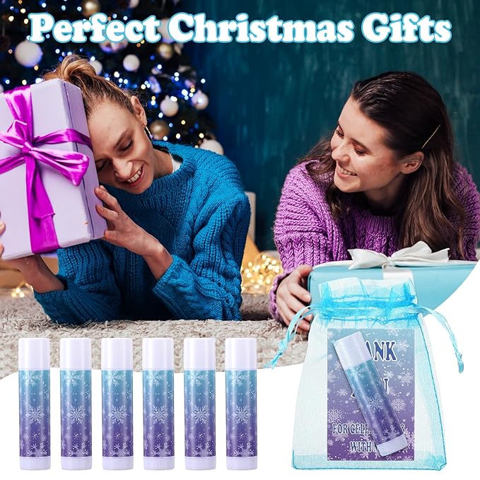 36 Set Snowflake Party Favor Winter Blue Purple Snowflake Lip Balm Thank You Tag Organza Bag Winter Wonderland Ice Snow Gift for Christmas Holiday Birthday Party Supplies Goodie Bag Decoration
