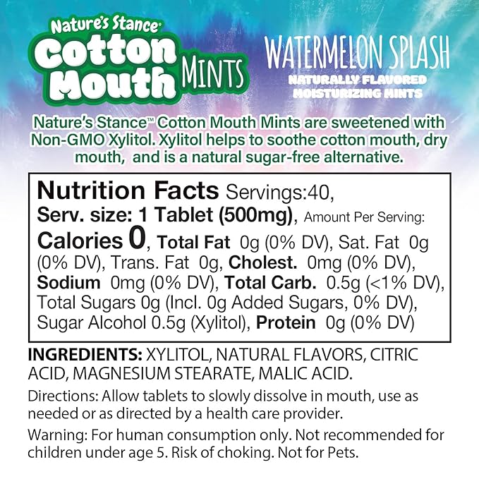 Nature's Stance Cotton Mouth Xylitol Mints, Dry Mouth Lozenges Sugar Free, Mouth Watering Mints - Stimulates Saliva & Freshens Breath, 40 Count (Watermelon Splash)
