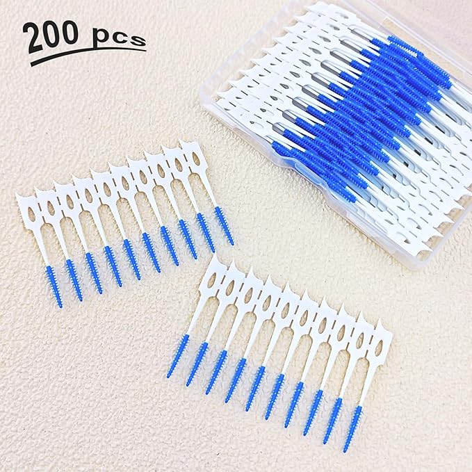 200 Pcs Portable Soft Silicone Interdental Floss Picks for Family Oral Care, Dual - Ended Toothpick & Flosser Cleaning Tool(Blue)